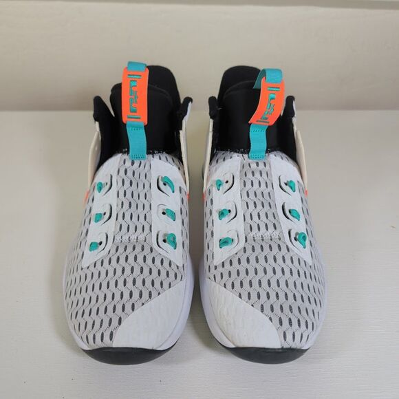 Nike LeBron Witness 5 sneakers white, clear jade, and total orange color